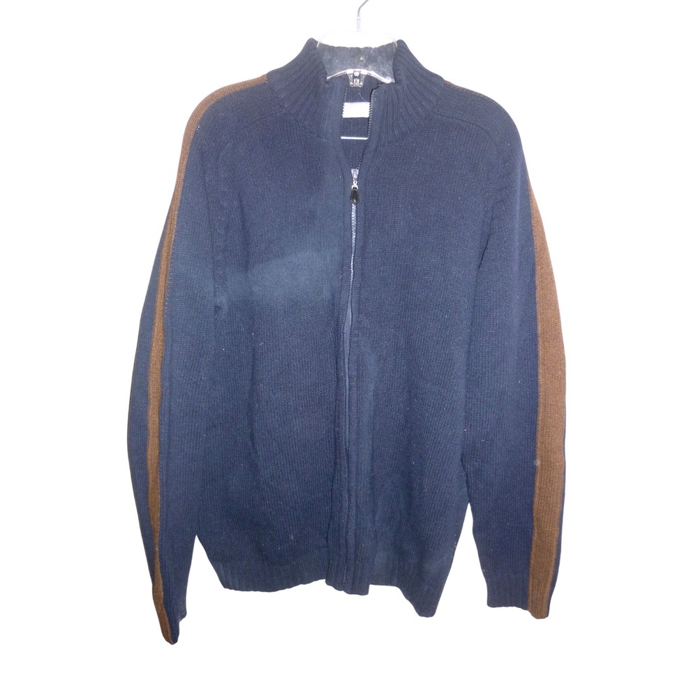 Azzaro Mens XL Full Zip Wool Blend Sweater Navy Blue Brown Stripe Mock Neck